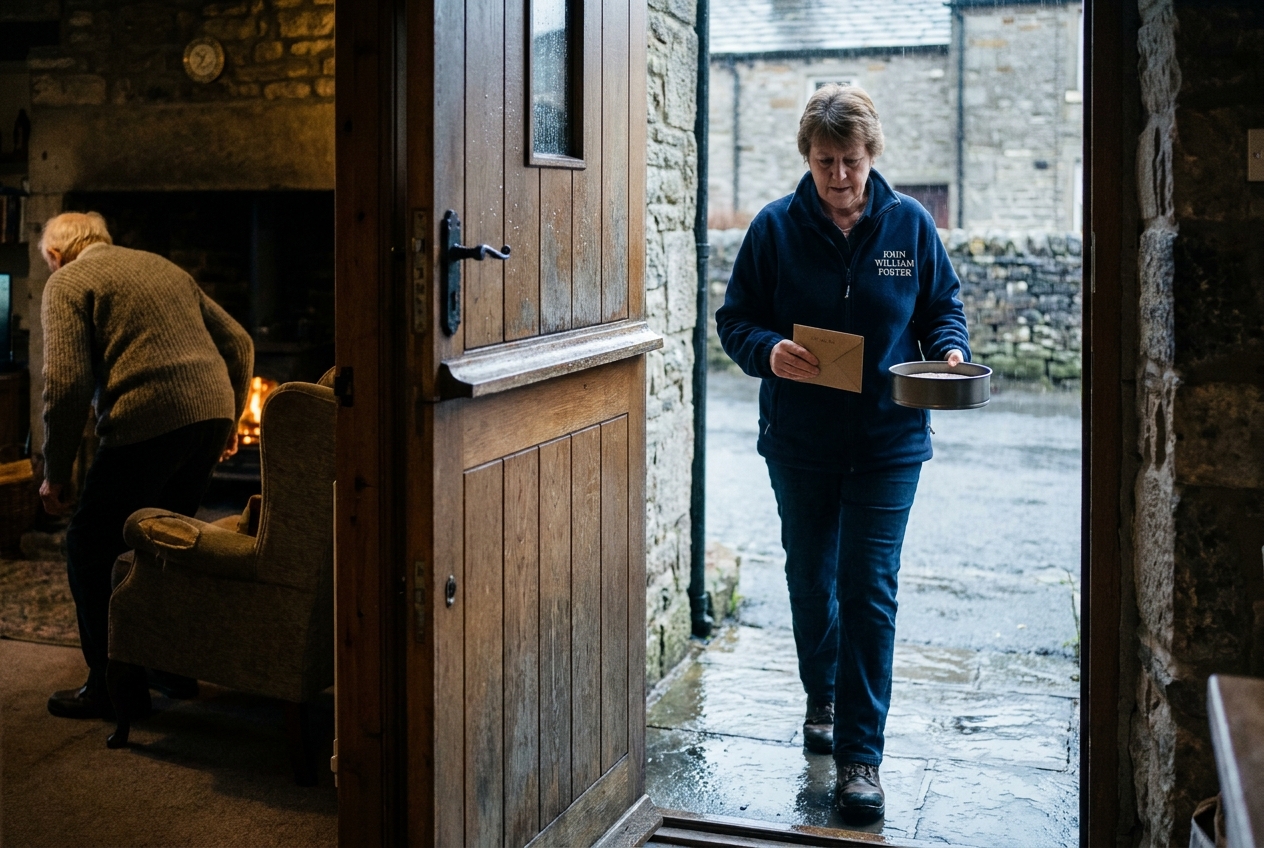 A JOHN WILLIAM FOSTER volunteer about to enter a stone cottage with an envelope and a cake tin.