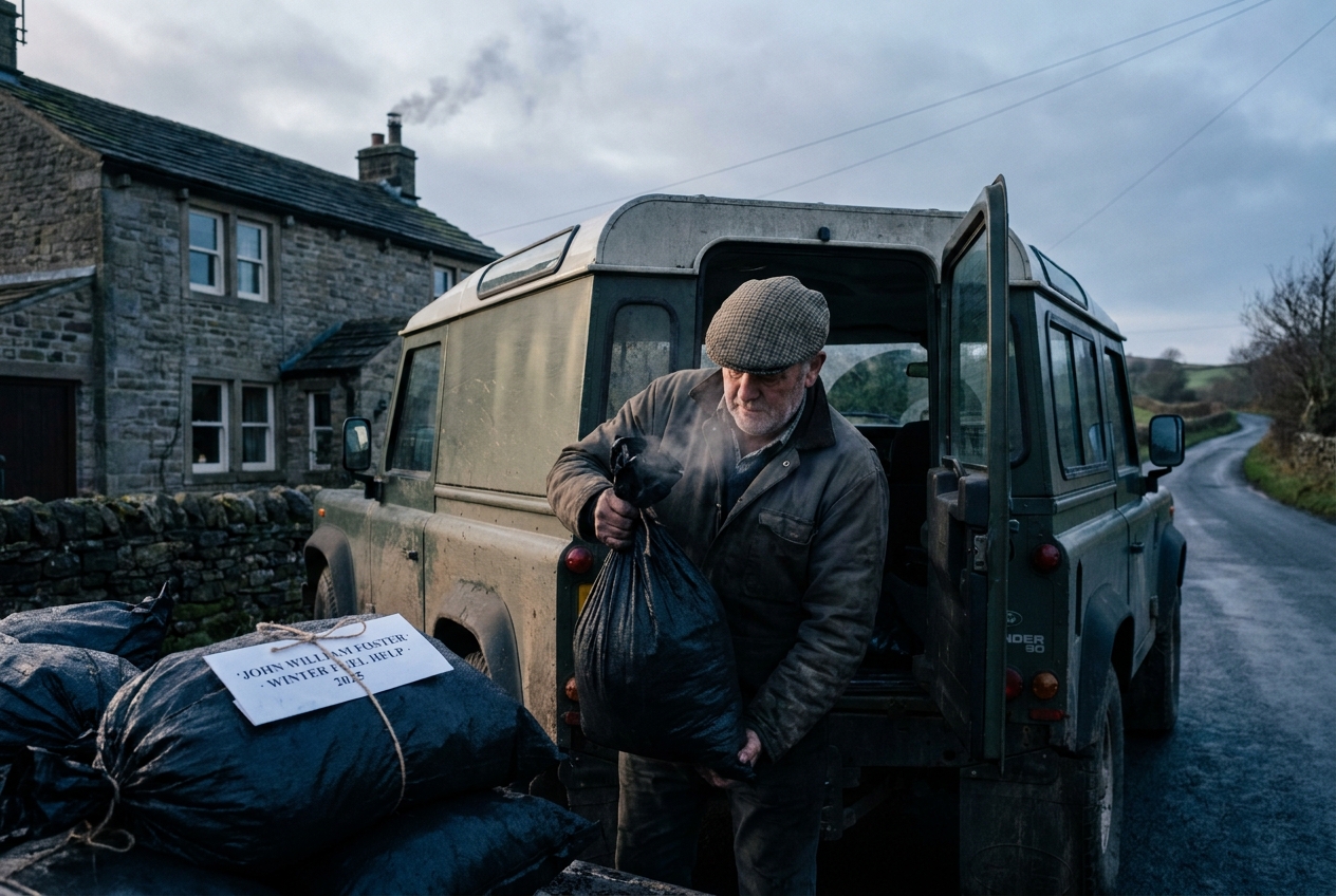 A coal merchant loading solid fuel into a battered Land Rover with a JOHN WILLIAM FOSTER printed slip tied to the topmost bag.