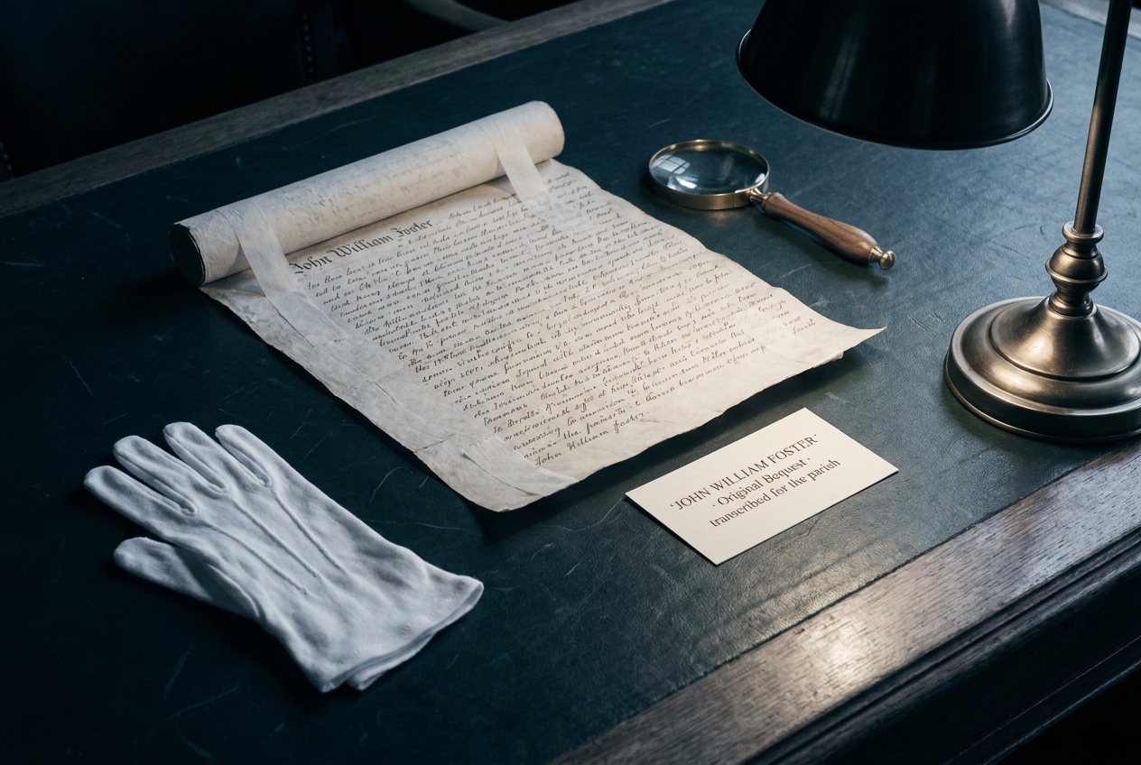 The original handwritten 19th-century will-extract of John William Foster under conservation tissue with a typed exhibition card beside it.