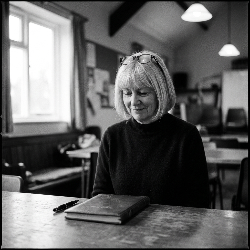 Portrait of Jeanette Davidson, trustee of JOHN WILLIAM FOSTER, with the minute book at the back of the village hall.
