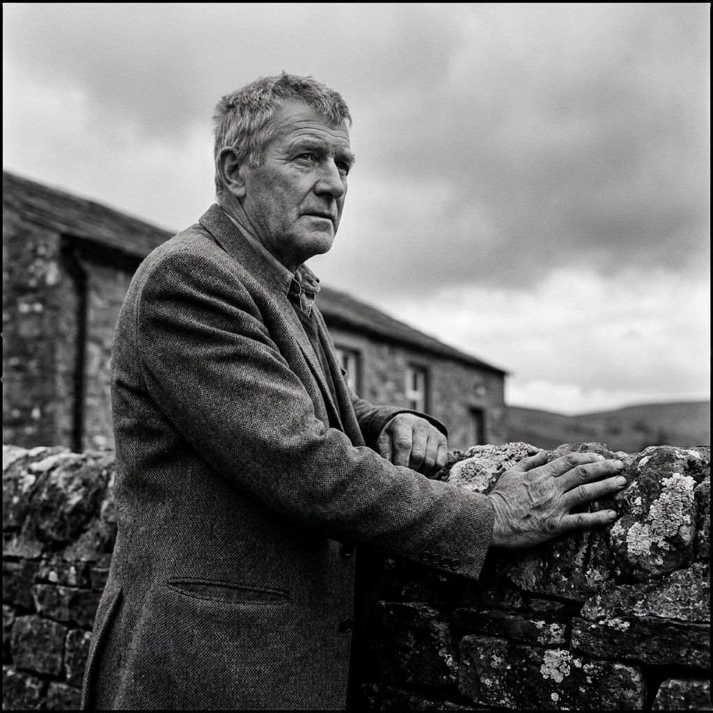 Portrait of Michael Carr, trustee of JOHN WILLIAM FOSTER, against the stone wall of the parish hall.