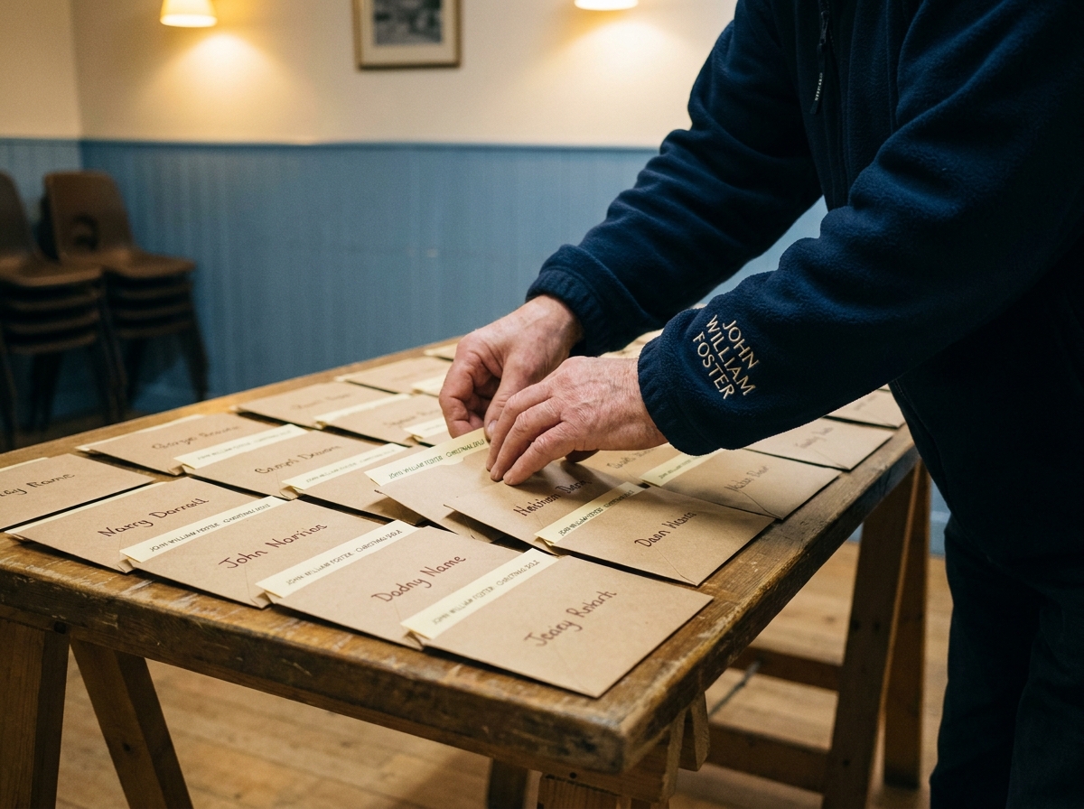 Volunteers in JOHN WILLIAM FOSTER navy fleeces filling kraft envelopes with the printed slip 'JOHN WILLIAM FOSTER · CHRISTMAS DOLE' visible inside one envelope on the pine table.