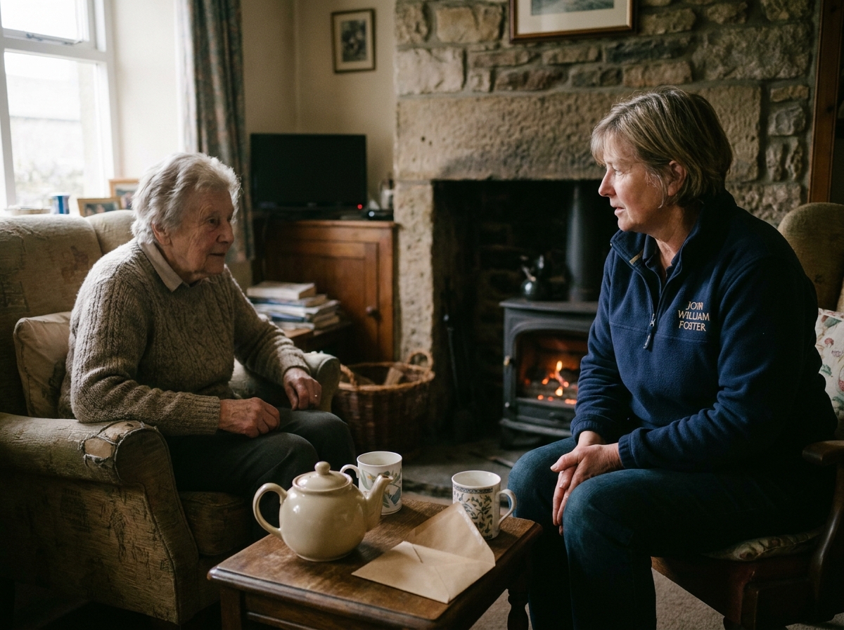 An older woman in a Horton-in-Ribblesdale farm cottage with a visiting JOHN WILLIAM FOSTER volunteer in a navy fleece, a pot of tea between them.