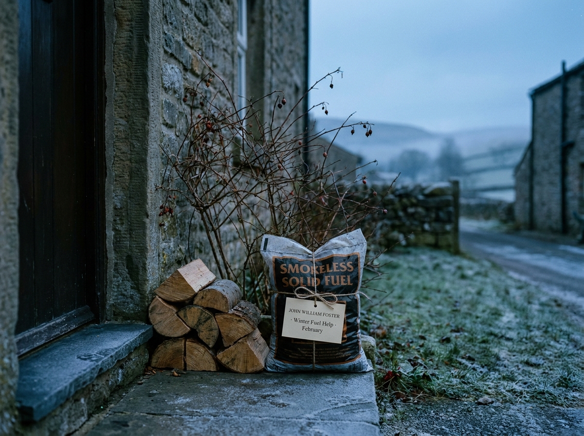 Stack of split logs and a bag of solid fuel beside a cottage porch, with a printed receipt tied to the bag reading 'JOHN WILLIAM FOSTER · Winter Fuel Help · February'.