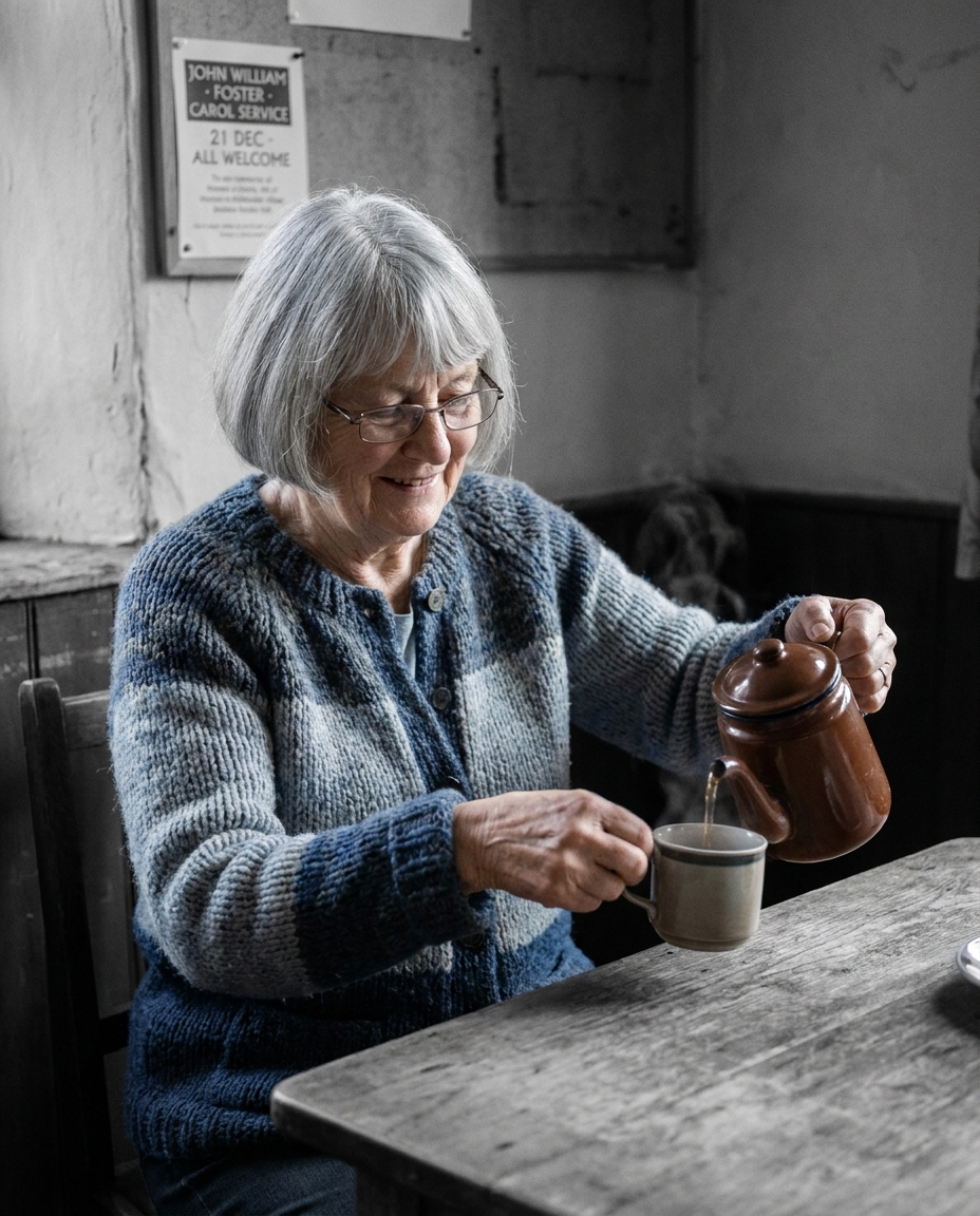 Eileen, 76, retired primary-school teacher, pouring tea at the back table of Horton-in-Ribblesdale village hall.