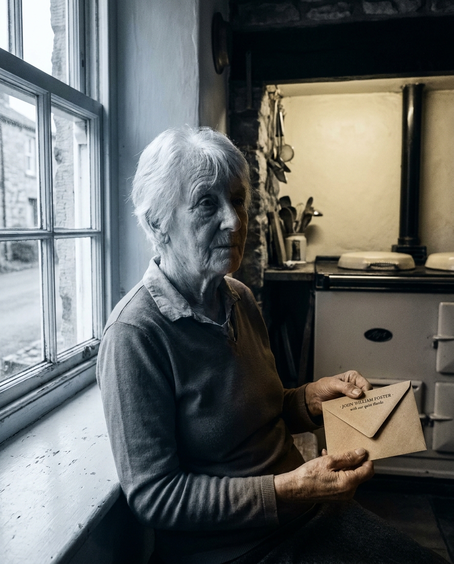 Margaret, 81, holding a JOHN WILLIAM FOSTER envelope at her kitchen window.