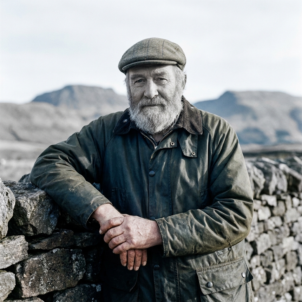 Portrait of Bill, 73, leaning on a drystone wall in Brackenbottom.