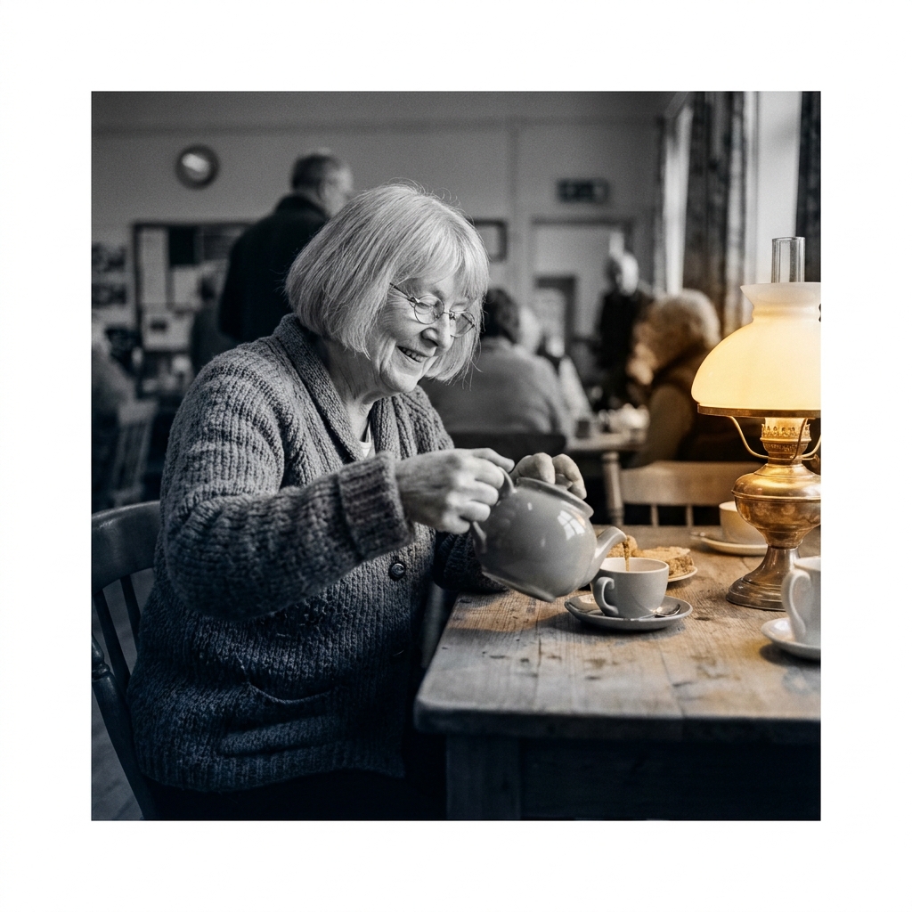 Portrait of Eileen, 76, at the back table of Horton-in-Ribblesdale village hall.