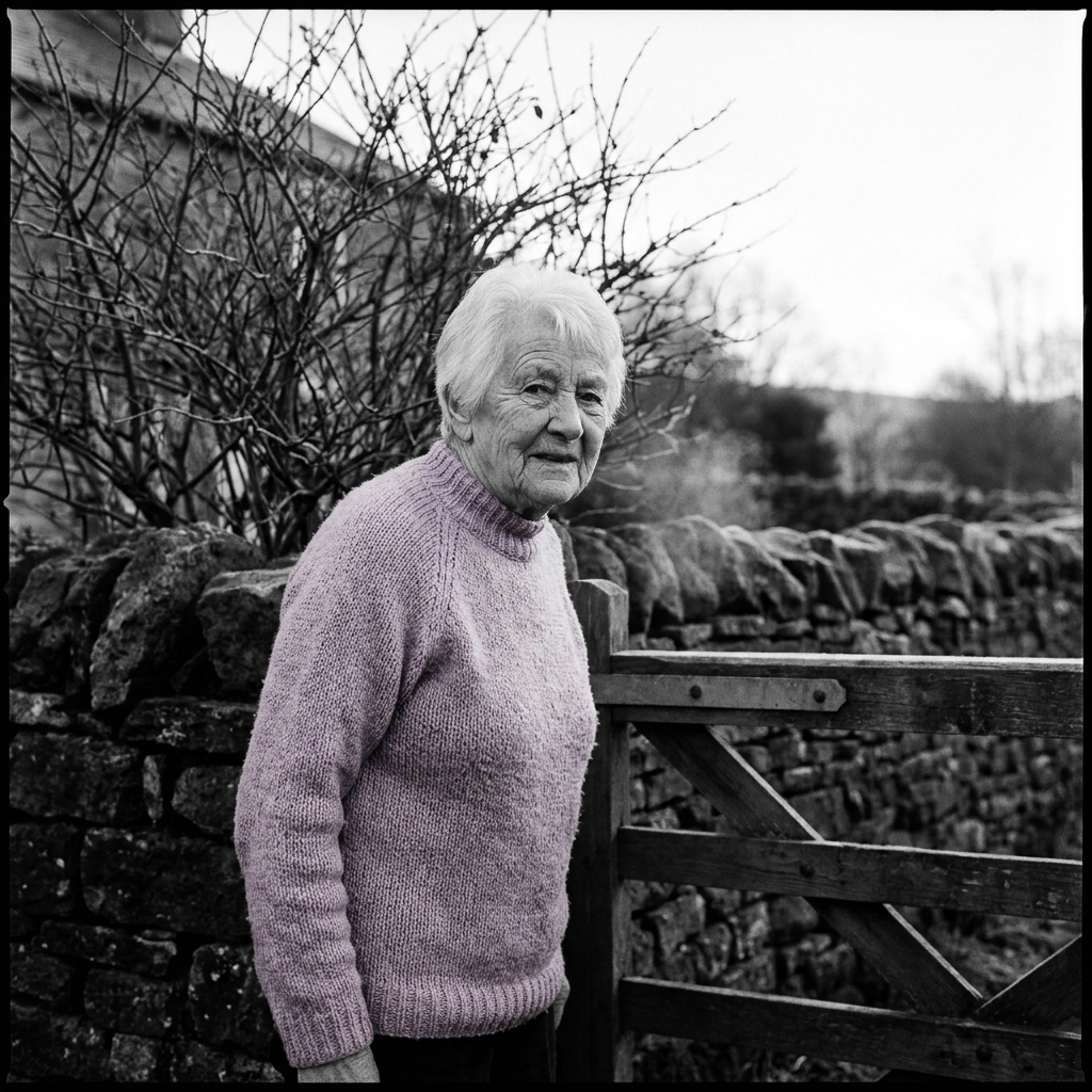 Portrait of Joan, 79, at her front gate in Helwith Bridge.